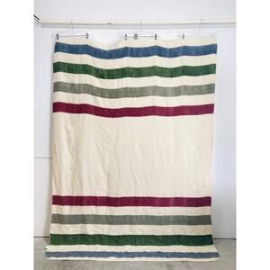 Vtg JC Penney Acrylic Striped Blanket Camp Lodge Hudson Bay Style Pink Blue USA